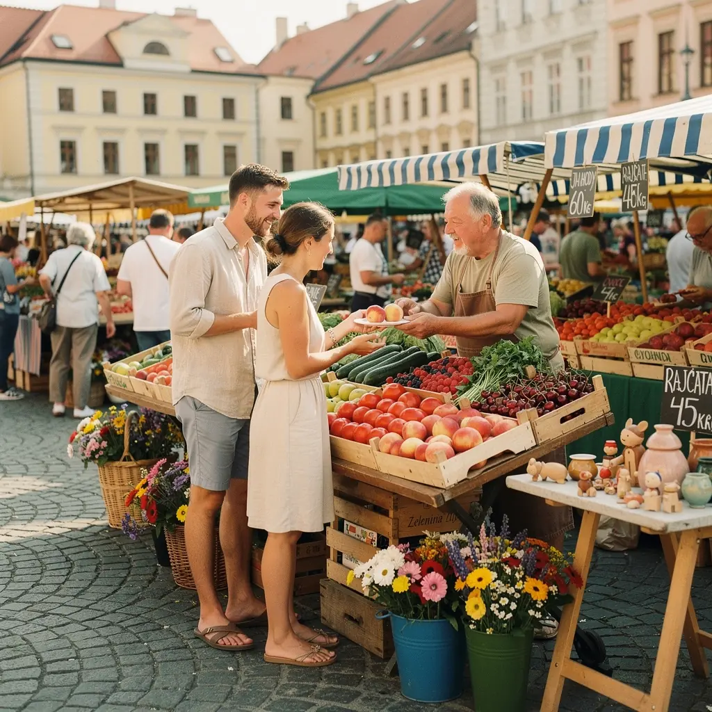 Skupina přátel objevuje krásy Prahy při víkendovém výletu, obklopena historickými budovami.