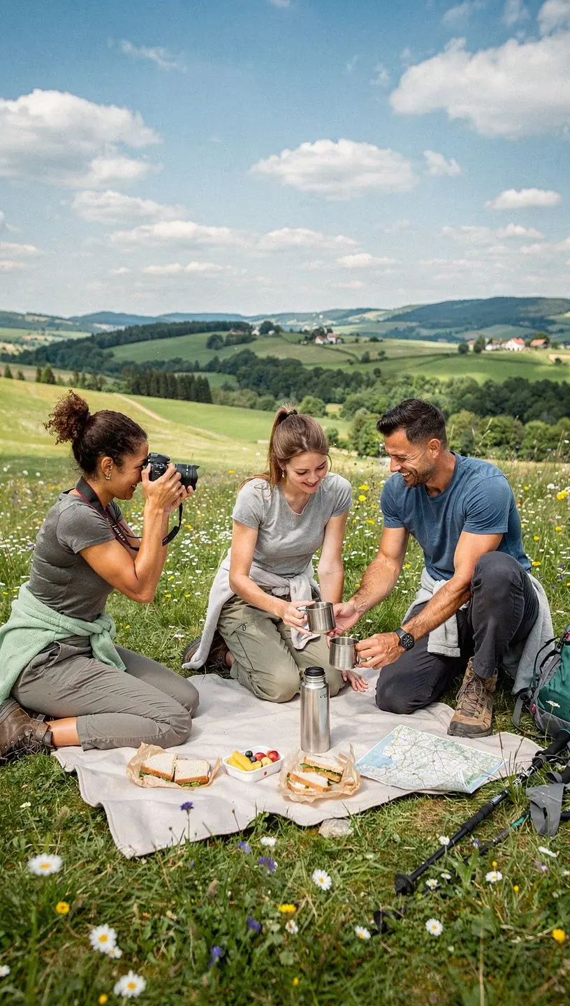 Rodina si užívá piknik v parku na Petříně, s výhledem na panorama Prahy.